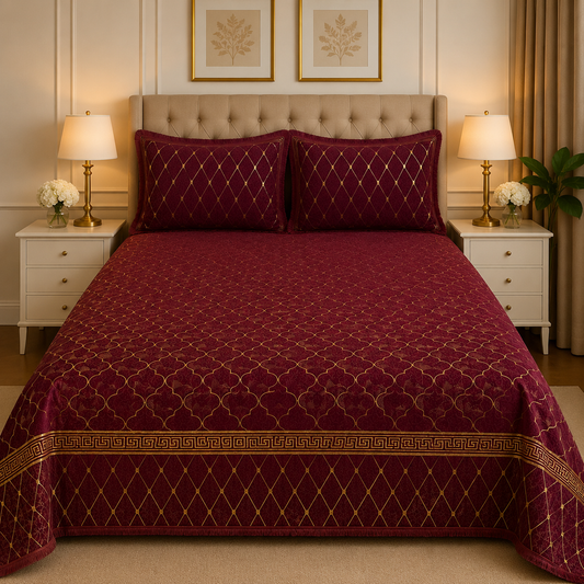 3PC Texture Velvet Bedsheet Set – King Size Luxury Soft Velvet Bed Sheet with 2 Pillow Covers
